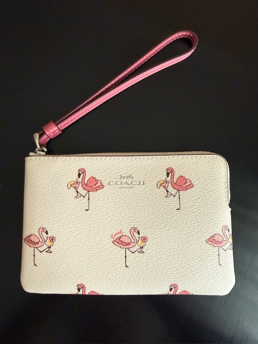 Coach Flamingo Print Corner Zip Wristlet